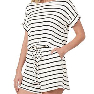 Zenana XL Romper Ivory-Black Stripe Summer Full-body Relaxed Shorts with Pockets